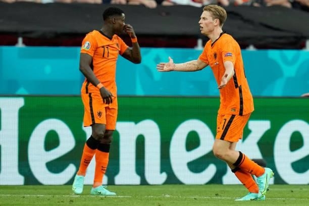 Netherlands' midfielder Frenkie de Jong reacts during the UEFA EURO 2020 round of 16 football match between the Netherlands and the Czech Republic at...