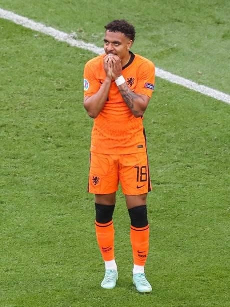 Donyell Malen of Holland is disappointed with a missed opportunity during the UEFA EURO 2020 match between the Netherlands and the Czech Republic at...
