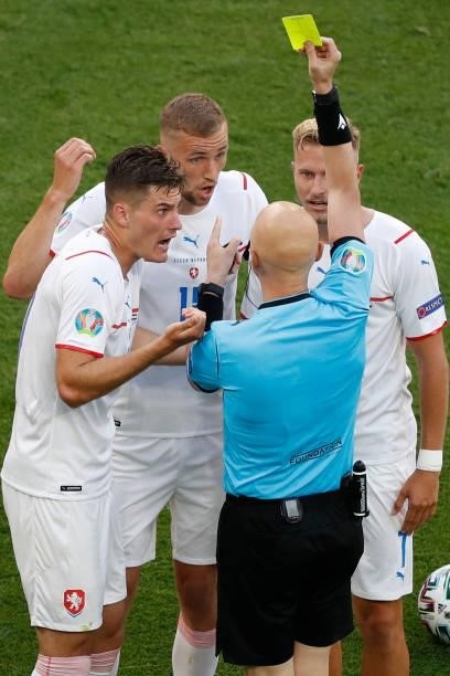 Czech Republic's forward Patrik Schick , Czech Republic's midfielder Tomas Soucek and Czech Republic's midfielder Antonin Barak react to Russian...
