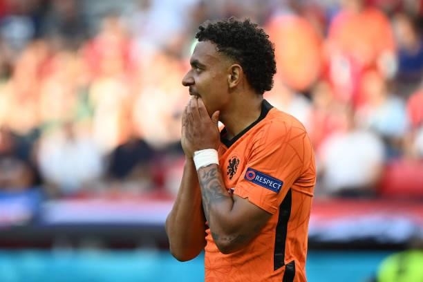 Netherlands' forward Donyell Malen reacts during the UEFA EURO 2020 round of 16 football match between the Netherlands and the Czech Republic at...