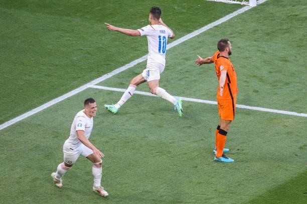 Patrik Schick of Czech Republic scores the 2-0 score during the UEFA EURO 2020 match between the Netherlands and the Czech Republic at the Puskas...