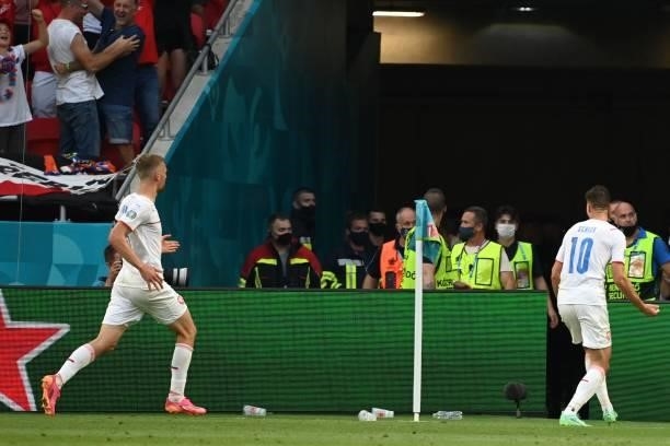 Czech Republic's forward Patrik Schick celebrates after scoring his team's second goal during the UEFA EURO 2020 round of 16 football match between...