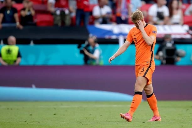 Matthijs de Ligt of Holland leaves the pitch after a red card during the EURO match between Holland v Czech Republic at the Puskas Arena on June 27,...