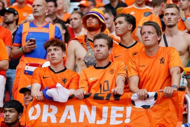 Netherlands supporters react during the UEFA EURO 2020 round of 16 football match between the Netherlands and the Czech Republic at Puskas Arena in...
