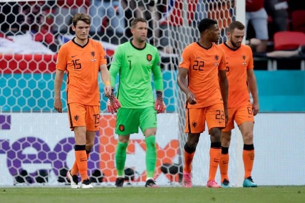 Marten de Roon of Holland, Denzel Dumfries of Holland, Stefan de Vrij of Holland during the EURO match between Holland v Czech Republic at the Puskas...