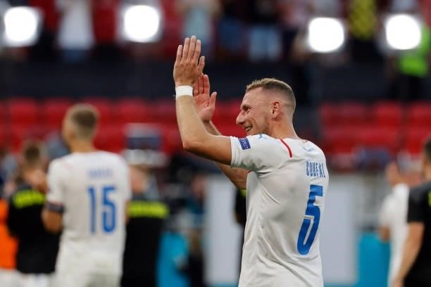 Czech Republic's defender Vladimir Coufal celebrates at the end of the UEFA EURO 2020 round of 16 football match between the Netherlands and the...