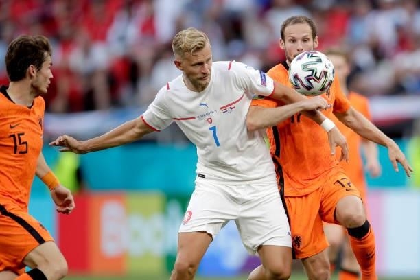 Antonin Barak of Czech Republic, Daley Blind of Holland during the EURO match between Holland v Czech Republic at the Puskas Arena on June 27, 2021...