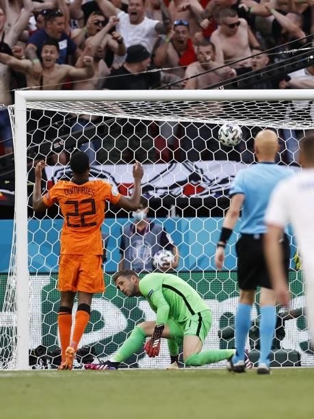 Denzel Dumfries of Holland, Holland goalkeeper Maarten Stekelenburg are disappointed after the 0-2 score during the UEFA EURO 2020 game between the...
