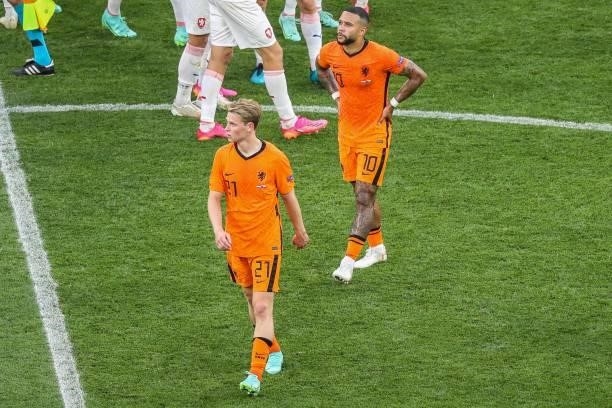 Frenkie de Jong of Holland, Memphis Depay of Holland are disappointed with the loss during the UEFA EURO 2020 game between the Netherlands and the...