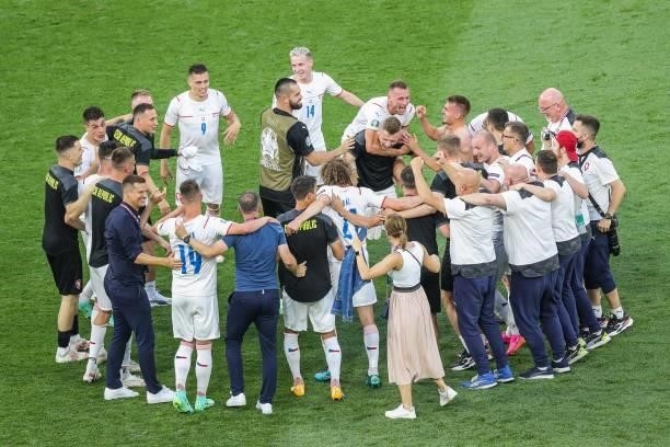 Czech Republic players celebrate victory during the UEFA EURO 2020 game between the Netherlands and the Czech Republic at the Puskas Arena on June...