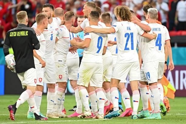 Czech Republic's players celebrate after winning the UEFA EURO 2020 round of 16 football match between the Netherlands and the Czech Republic at...