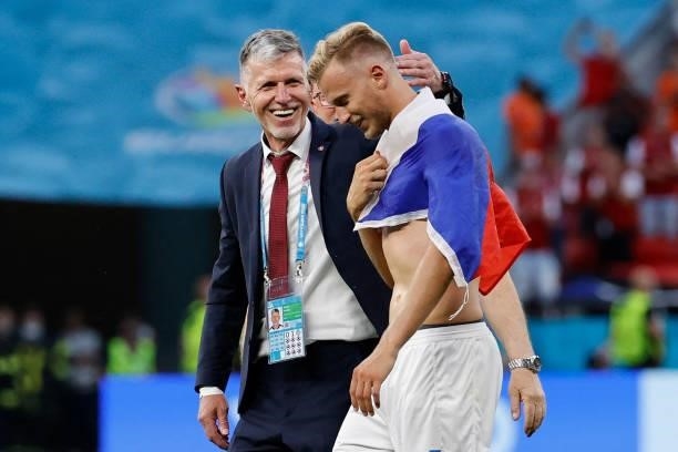 Czech Republic's coach Jaroslav Silhavy celebrates with Czech Republic's midfielder Antonin Barak at the end of the UEFA EURO 2020 round of 16...