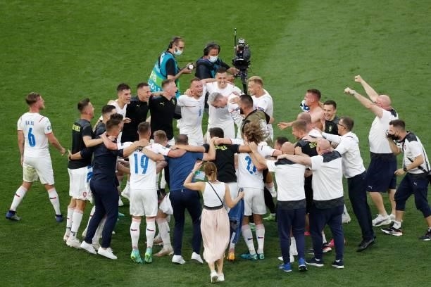 Czech Republic's players celebrate after winning during the UEFA EURO 2020 round of 16 football match between the Netherlands and the Czech Republic...