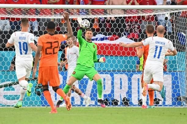 Netherlands' goalkeeper Maarten Stekelenburg blocks the ball during the UEFA EURO 2020 round of 16 football match between the Netherlands and the...