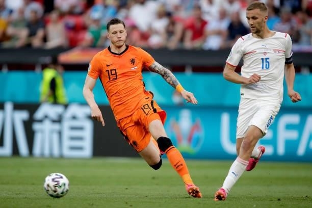 Wout Weghorst of Holland, Tomas Soucek of Czech Republic during the EURO match between Holland v Czech Republic at the Puskas Arena on June 27, 2021...
