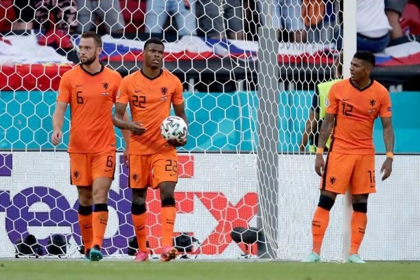 Stefan de Vrij of Holland, Denzel Dumfries of Holland, Patrick van Aanholt of Holland during the EURO match between Holland v Czech Republic at the...