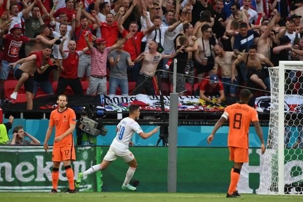 Czech Republic's forward Patrik Schick celebrates after scoring his team's second goalduring the UEFA EURO 2020 round of 16 football match between...