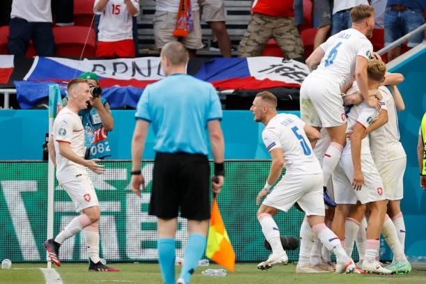 Czech Republic's players celebrate their second goal during the UEFA EURO 2020 round of 16 football match between the Netherlands and the Czech...