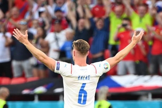 Czech Republic's defender Tomas Kalas celebrates after winning during the UEFA EURO 2020 round of 16 football match between the Netherlands and the...