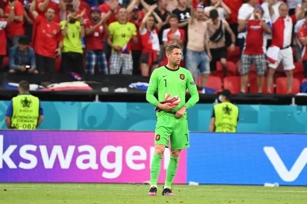 Netherlands' goalkeeper Maarten Stekelenburg reacts after losing during the UEFA EURO 2020 round of 16 football match between the Netherlands and the...
