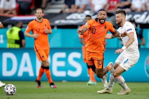 Memphis Depay of Holland, Ondrej Celustka of Czech Republic during the EURO match between Holland v Czech Republic at the Puskas Arena on June 27,...