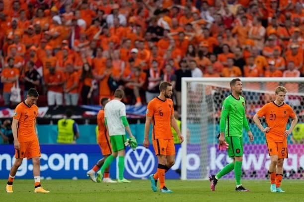 Netherlands' players react at the end of the UEFA EURO 2020 round of 16 football match between the Netherlands and the Czech Republic at Puskas Arena...
