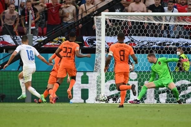 Czech Republic's forward Patrik Schick scores his team's second goalduring the UEFA EURO 2020 round of 16 football match between the Netherlands and...