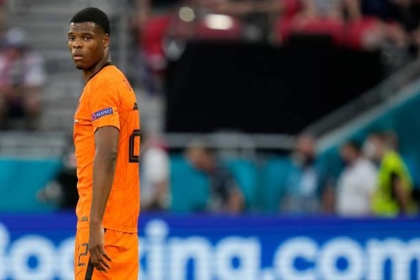 Netherlands' defender Denzel Dumfries reacts during the UEFA EURO 2020 round of 16 football match between the Netherlands and the Czech Republic at...