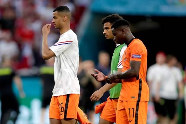 Cody Gakpo of Holland, Owen Wijndal of Holland, Quincy Promes of Holland during the EURO match between Holland v Czech Republic at the Puskas Arena...