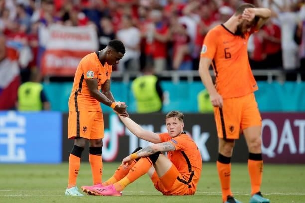 Quincy Promes of Holland, Wout Weghorst of Holland during the EURO match between Holland v Czech Republic at the Puskas Arena on June 27, 2021 in...