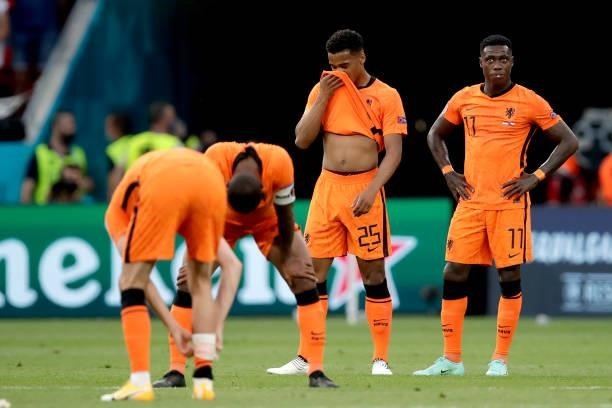 Jurrien Timber of Holland, Quincy Promes of Holland during the EURO match between Holland v Czech Republic at the Puskas Arena on June 27, 2021 in...