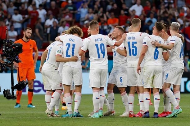 Czech Republic's players celebrate at the end of the UEFA EURO 2020 round of 16 football match between the Netherlands and the Czech Republic at...