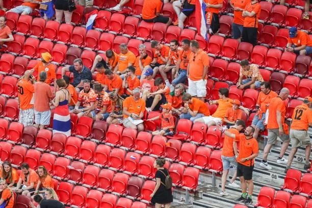 Fans are disappointed with the loss during the UEFA EURO 2020 match between the Netherlands and the Czech Republic at the Puskas Arena on June 27,...