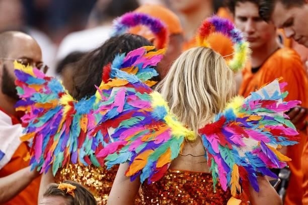 Fans with rainbow expressions during the UEFA EURO 2020 match between the Netherlands and the Czech Republic at Puskas Arena on June 27, 2021 in...