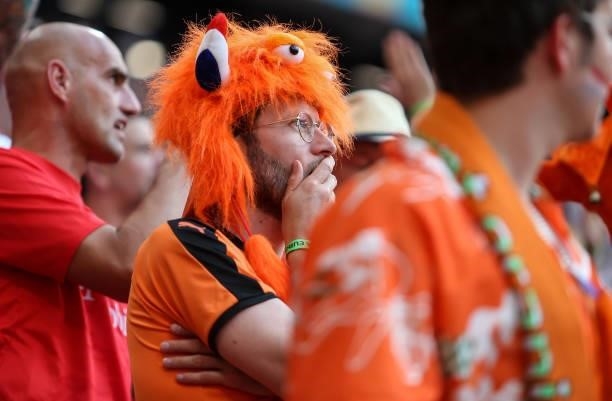 Fans watch the UEFA Euro 2020 Championship Round of 16 match between Netherlands and Czech Republic at Puskas Arena on June 27, 2021 in Budapest,...