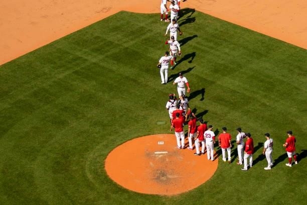 Members of the Boston Red Sox celebrate a victory against the New York Yankees on June 27, 2021 at Fenway Park in Boston, Massachusetts.
