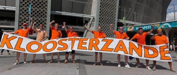 Fans gather before the UEFA Euro 2020 Championship Round 16 match between Netherlands and Czech Republic at Puskas Arena on June 27, 2021 in...