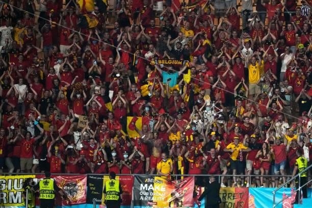 Belgium supporters celebrate their win in the UEFA EURO 2020 round of 16 football match between Belgium and Portugal at La Cartuja Stadium in Seville...