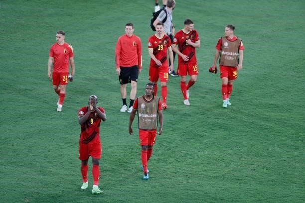 Belgium's players greet supporters after their win during the UEFA EURO 2020 round of 16 football match between Belgium and Portugal at La Cartuja...