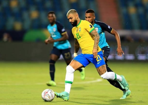 Gabriel Barbosa of Brazil competes for the ball with Ayrton Preciado of Ecuador during the match between Brazil and Ecuador as part of Conmebol Copa...