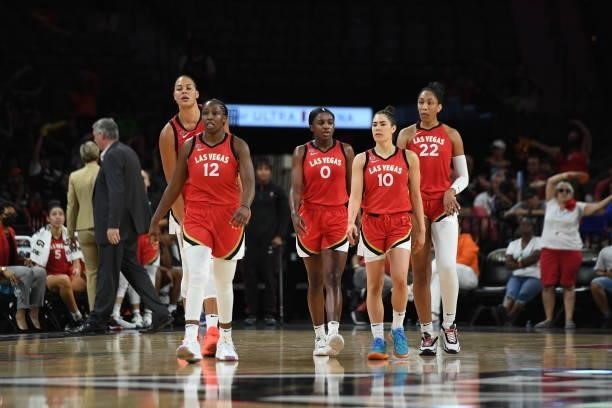The Las Vegas Aces walk on during the game against the Seattle Storm on June 27, 2021 at Michelob ULTRA Arena in Las Vegas, Nevada. NOTE TO USER:...