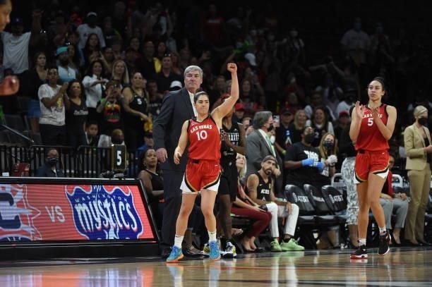 Kelsey Plum of the Las Vegas Aces celebrates during the game on June 27, 2021 at Michelob ULTRA Arena in Las Vegas, Nevada. NOTE TO USER: User...