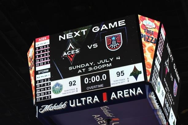 The scoreboard after the Seattle Storm vs. Las Vegas Aces game on June 27, 2021 at Michelob ULTRA Arena in Las Vegas, Nevada. NOTE TO USER: User...