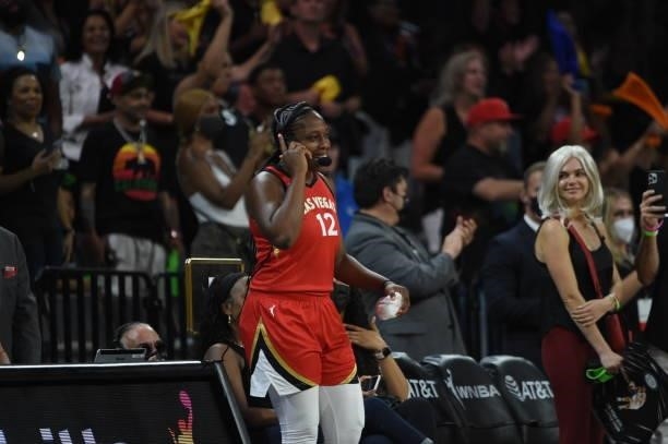 Chelsea Gray of the Las Vegas Aces gives interview after the game against the Seattle Storm on June 27, 2021 at Michelob ULTRA Arena in Las Vegas,...