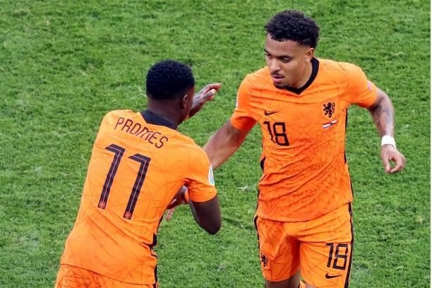 Quincy Promes of Holland, Donyell Malen of Holland during the UEFA EURO 2020 match between the Netherlands and the Czech Republic at Puskas Arena on...