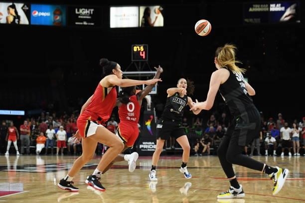 Sue Bird of the Seattle Storm passes the ball to Breanna Stewart of the Seattle Storm on June 27, 2021 at Michelob ULTRA Arena in Las Vegas, Nevada....
