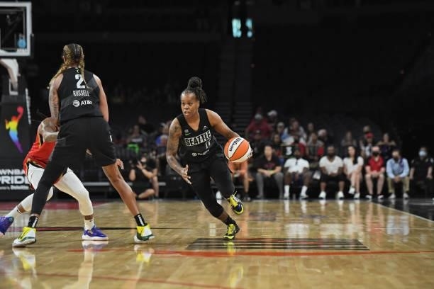 Epiphanny Prince of the Seattle Storm dribbles during the game against the Las Vegas Aces on June 27, 2021 at Michelob ULTRA Arena in Las Vegas,...