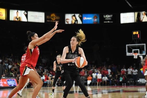 Breanna Stewart of the Seattle Storm drives to the basket against the Las Vegas Aces on June 27, 2021 at Michelob ULTRA Arena in Las Vegas, Nevada....