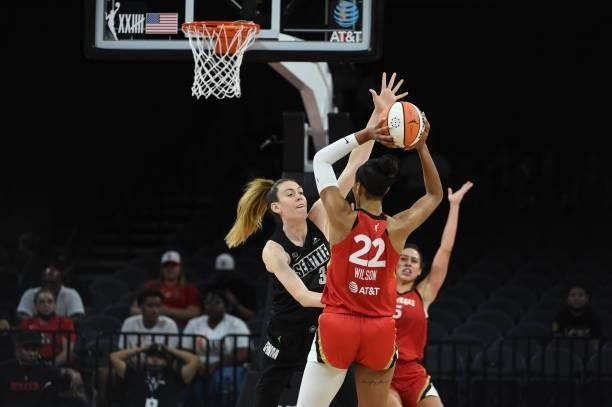 Ja Wilson of the Las Vegas Aces looks to pass against the Seattle Storm on June 27, 2021 at Michelob ULTRA Arena in Las Vegas, Nevada. NOTE TO USER:...