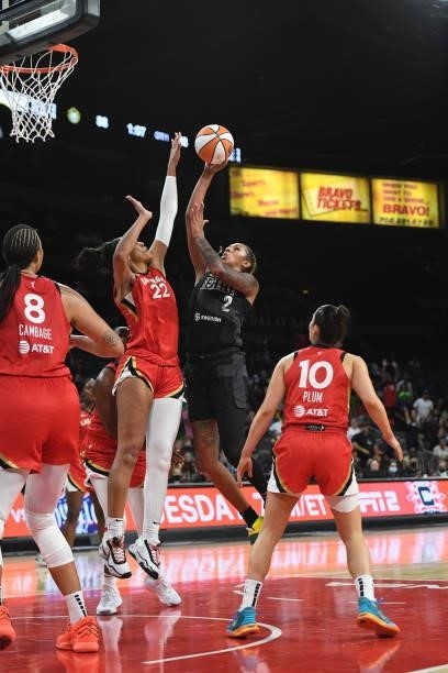 Mercedes Russell of the Seattle Storm shoots the ball against the Las Vegas Aces on June 27, 2021 at Michelob ULTRA Arena in Las Vegas, Nevada. NOTE...